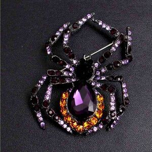 Gothic Rhinestone Spider Brooch, Black, Orange, and Purple, Dark W…